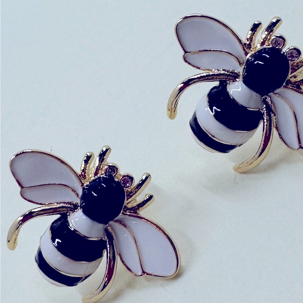 New Small Black and White Bumblebee Stud Earrings